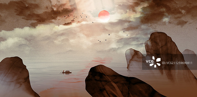 手绘意境山水画 复古山水画图片素材