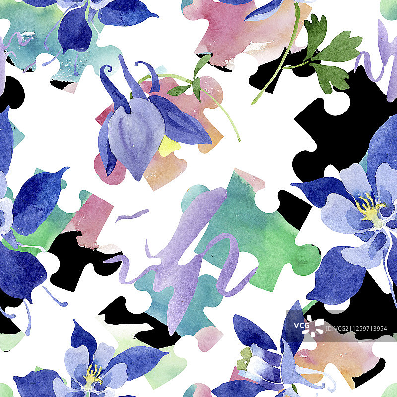 蓝色耧斗菜植物花卉水彩背景图案图片素材