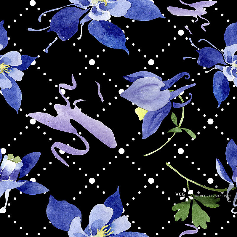 蓝色耧斗菜植物花卉水彩背景图案图片素材