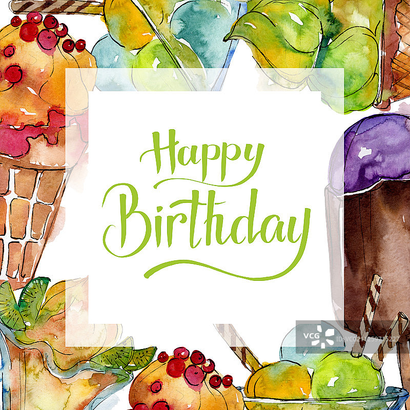 水彩风美味冰淇淋边框背景插画图片素材