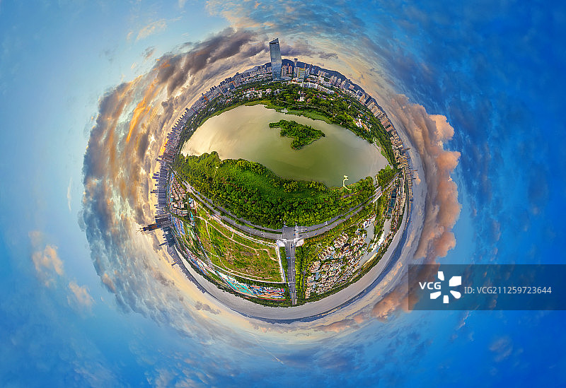 航拍深圳华侨城湿地公园锦绣中华民俗村华侨城大厦全景小行星图片素材