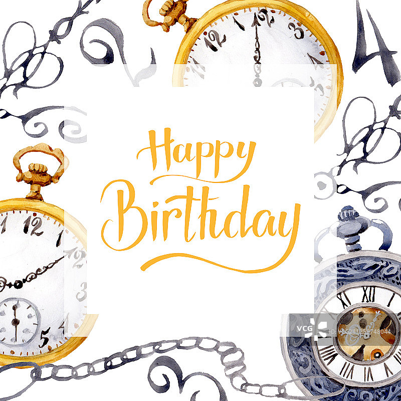 复古旧怀表水彩背景插画，边框装饰方块图片素材