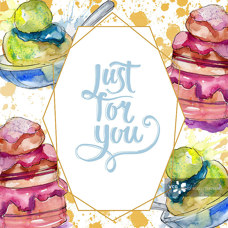 美味蛋糕和甜面包甜点水彩边框图片素材