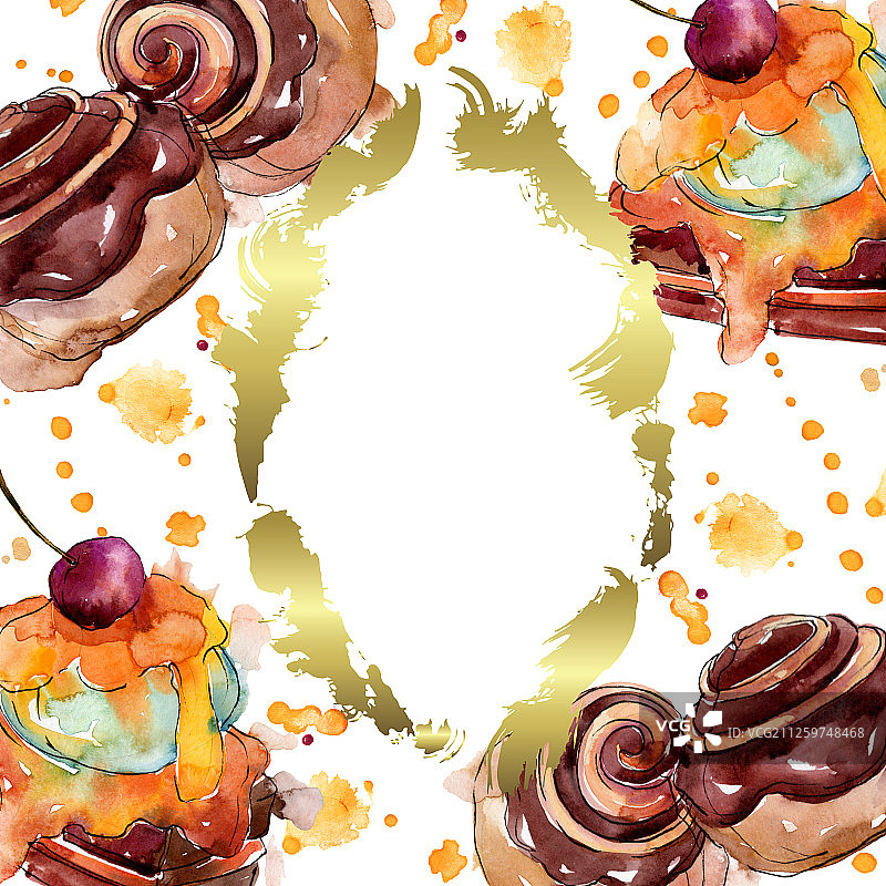 美味蛋糕和甜面包甜点水彩边框图片素材