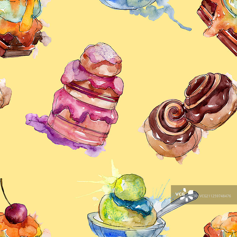美味的蛋糕和甜面包甜点，水彩背景插图，无缝背景图案图片素材