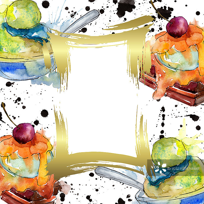 美味蛋糕和甜面包甜点水彩边框图片素材