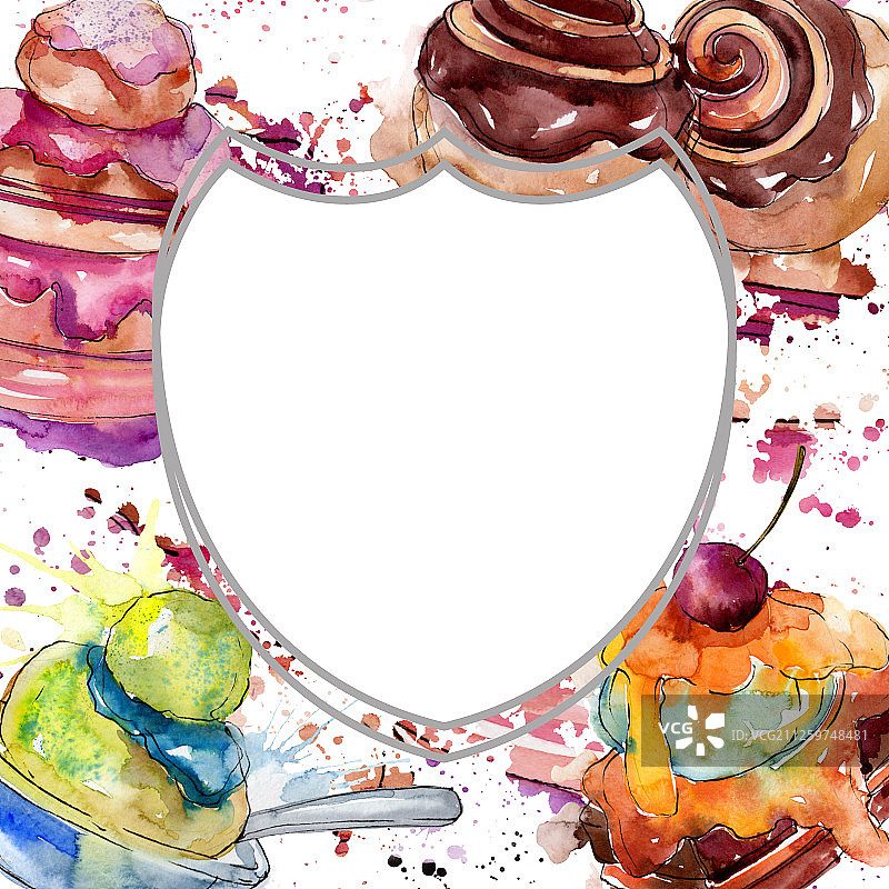 美味蛋糕和甜面包甜点水彩边框图片素材