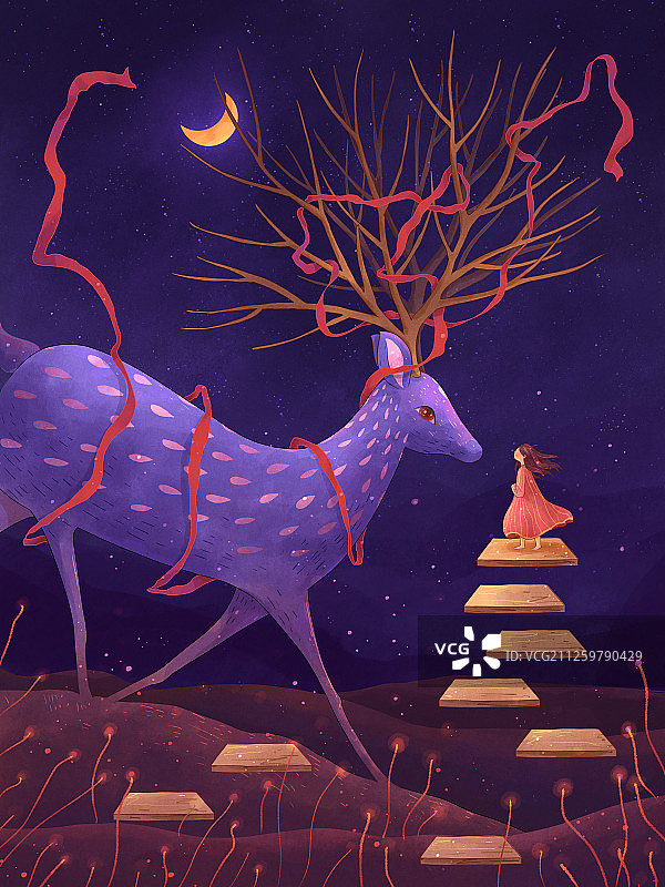 彩色动物与女孩插画4图片素材