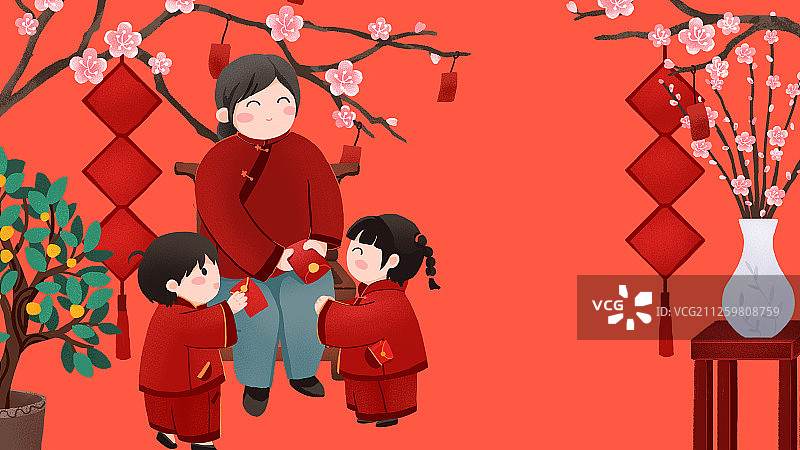 年俗大年初一给长辈拜年收压岁钱手绘插画横版图片素材