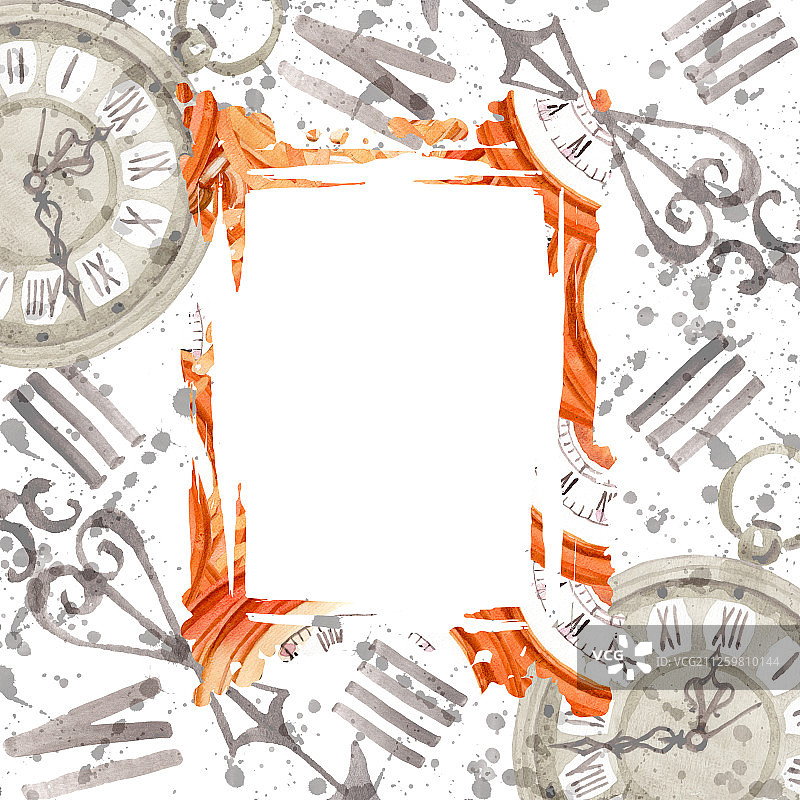 复古旧怀表水彩背景插画，边框装饰方块图片素材
