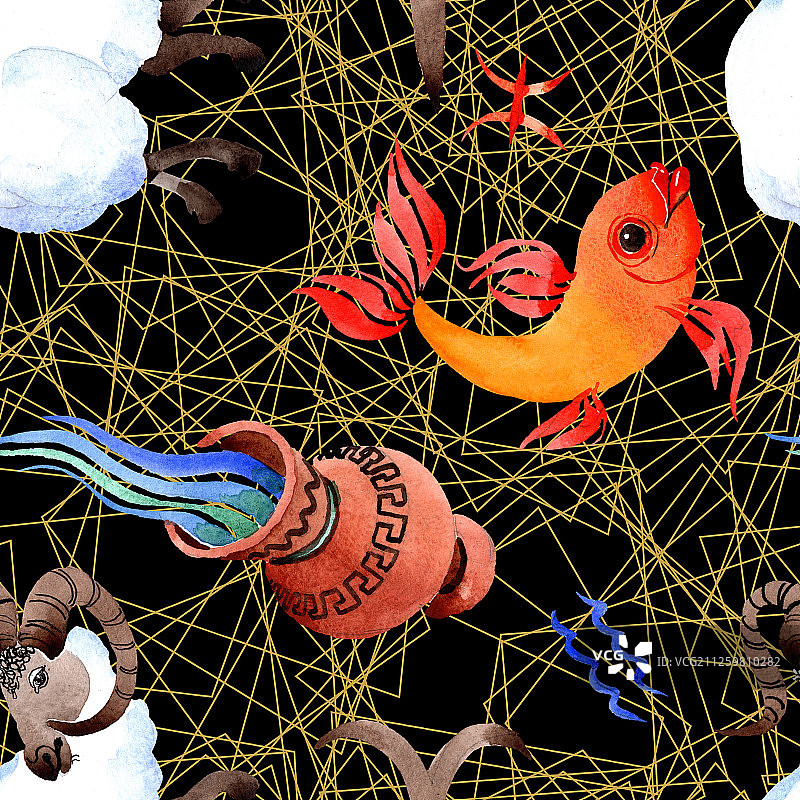 星座标志，占星符号水彩插画套装，无缝背景图案图片素材