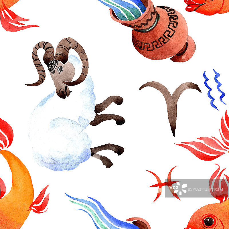 星座标志，占星符号水彩插画套装，无缝背景图案图片素材