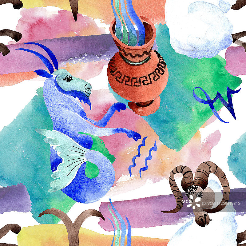 星座标志，占星符号水彩插画套装，无缝背景图案图片素材