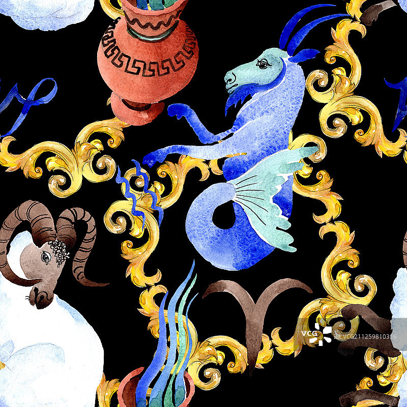 星座标志，占星符号水彩插画套装，无缝背景图案图片素材