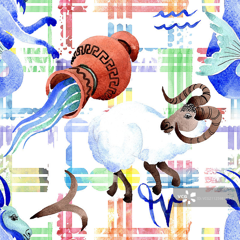 星座标志，占星符号水彩插画套装，无缝背景图案图片素材