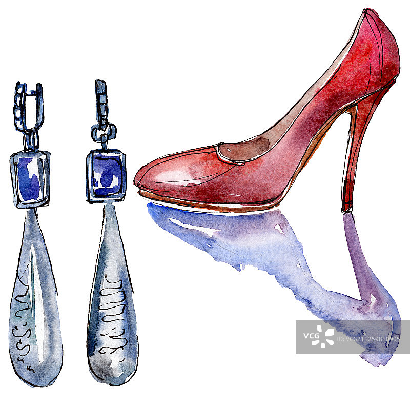 时尚素描魅力插画在水彩风格孤立元素。水彩背景设置。图片素材