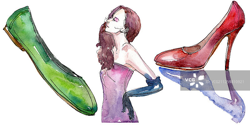 时尚素描魅力插画在水彩风格孤立元素。水彩背景设置。图片素材
