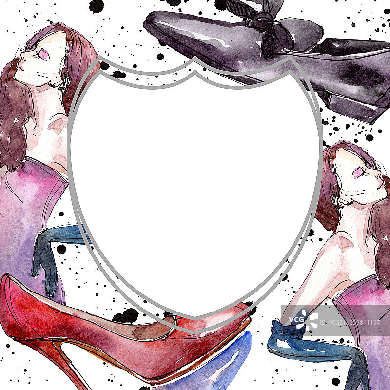 时尚的素描在水彩风格的元素。水彩背景插图集。边框装饰方形。图片素材