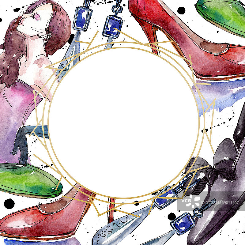 时尚的素描在水彩风格的元素。水彩背景插图集。边框装饰方形。图片素材