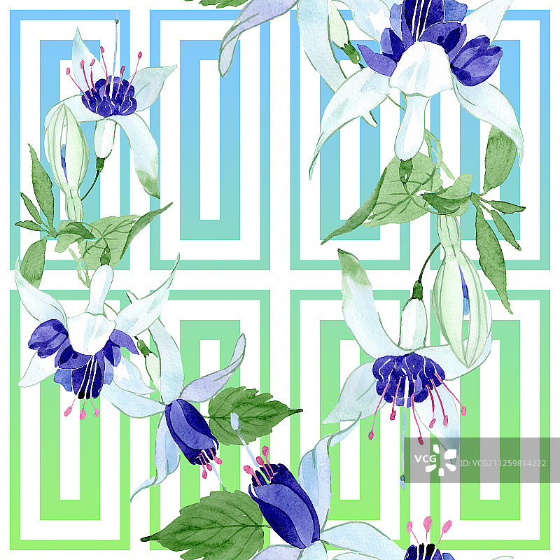 蓝色倒挂金钟花卉植物背景水彩插图无缝图案图片素材