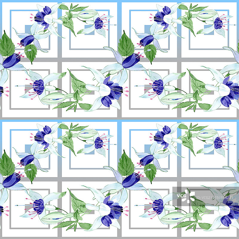 蓝色倒挂金钟花卉植物背景水彩插图无缝图案图片素材