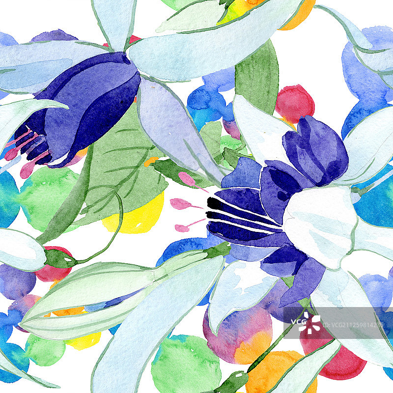 蓝色倒挂金钟花卉植物背景水彩插图无缝图案图片素材