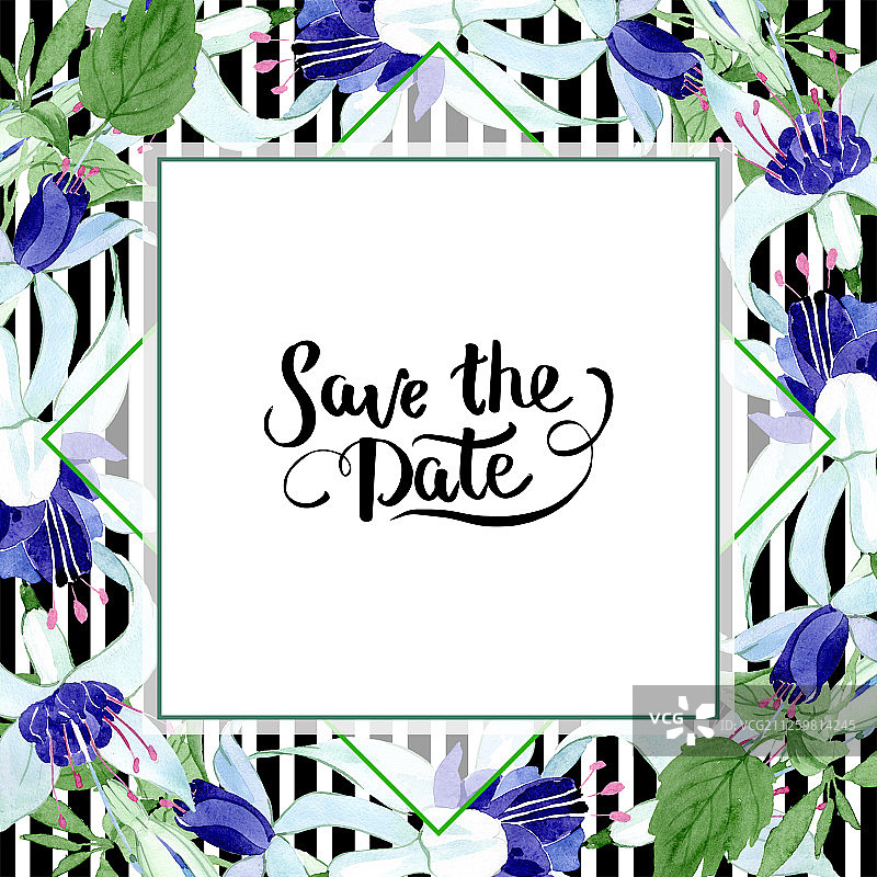 蓝色倒挂金钟花卉水彩边框图片素材