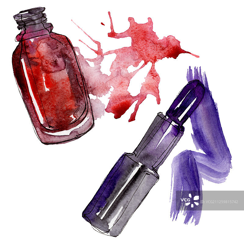 化妆品套装草图时尚魅力插画。水彩背景套装。独立化妆品元素图片素材