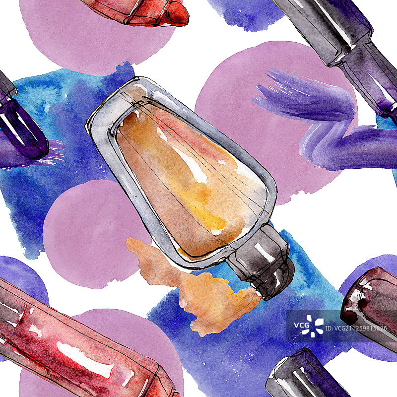 化妆品套装素描时尚魅力插画。水彩背景套装。无缝背景图案。图片素材
