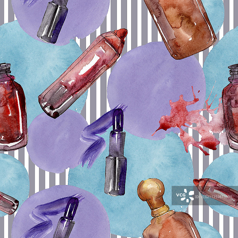 化妆品套装素描时尚魅力插画。水彩背景套装。无缝背景图案。图片素材