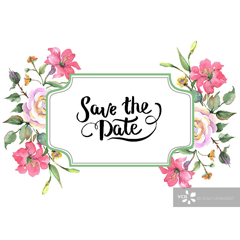 粉色玫瑰花束水彩背景边框图片素材