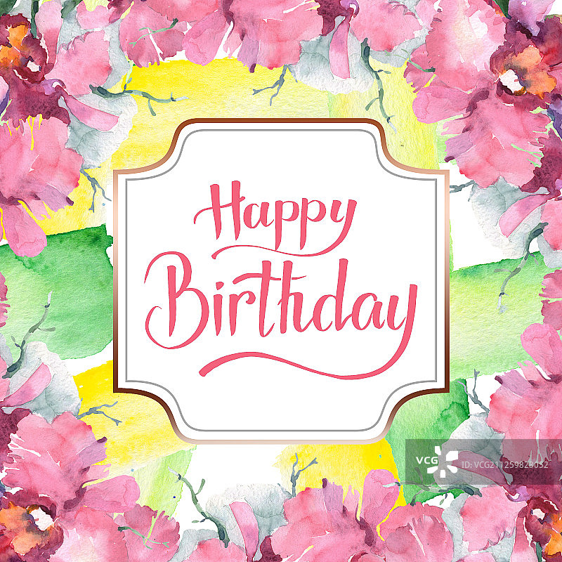 粉色兰花花束，水彩背景，边框装饰方块图片素材