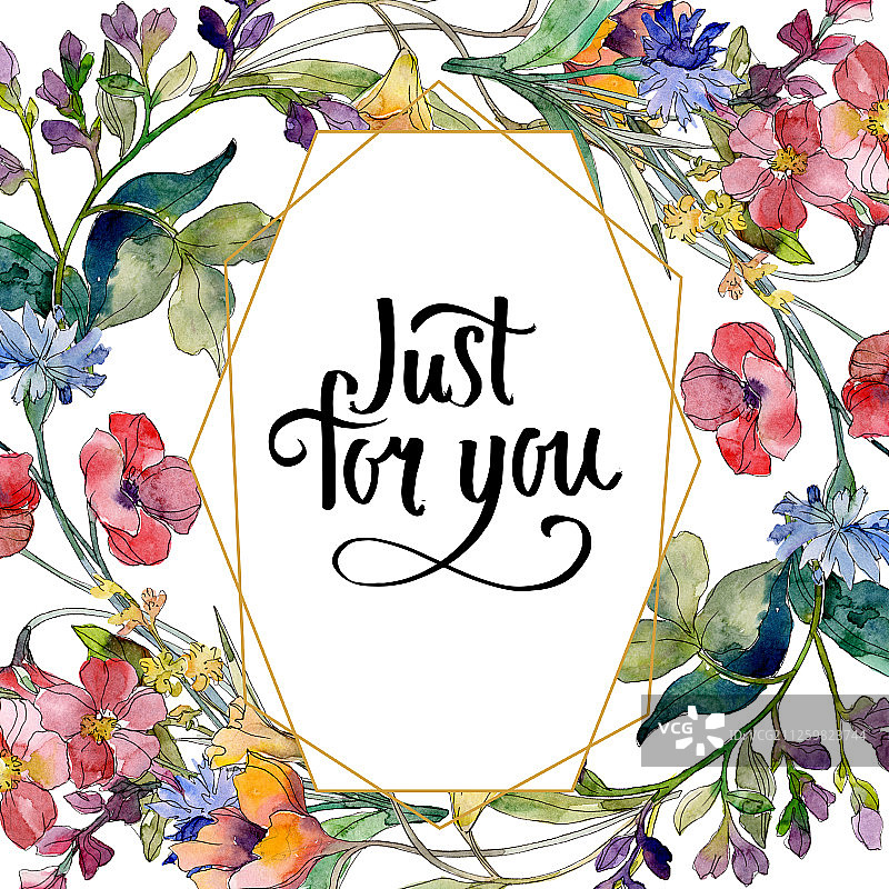 野花花束水彩背景插画：边框水晶装饰方块图片素材