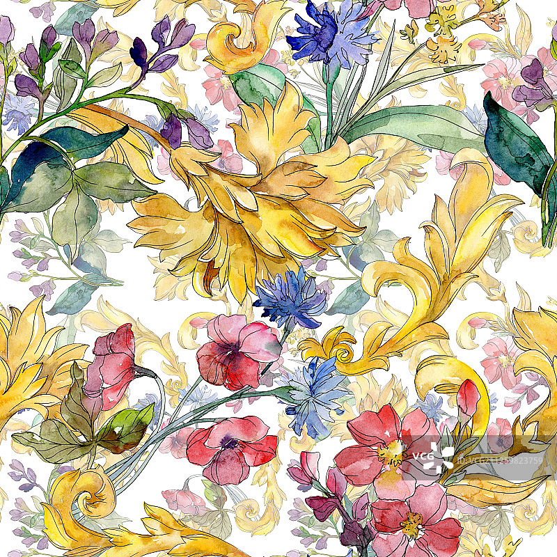 带有野花的奢华时尚印花，水彩背景图案图片素材