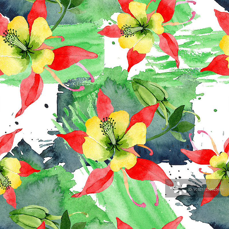 红色耧斗菜水彩花卉背景图案图片素材