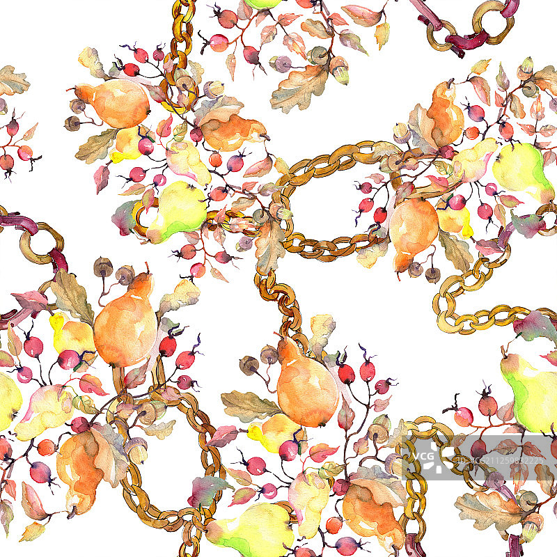 梨与玫瑰果枝，水彩背景插图集，无缝背景图案图片素材