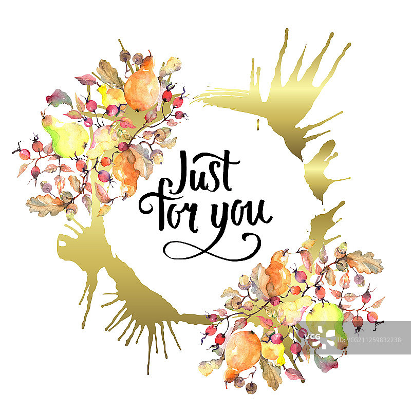 梨树枝与玫瑰果实水彩背景插图，边框装饰方块图片素材