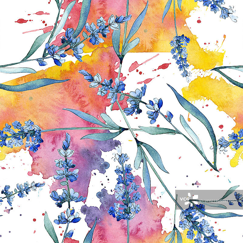 蓝色薰衣草花卉植物水彩背景插画，无缝背景图案图片素材