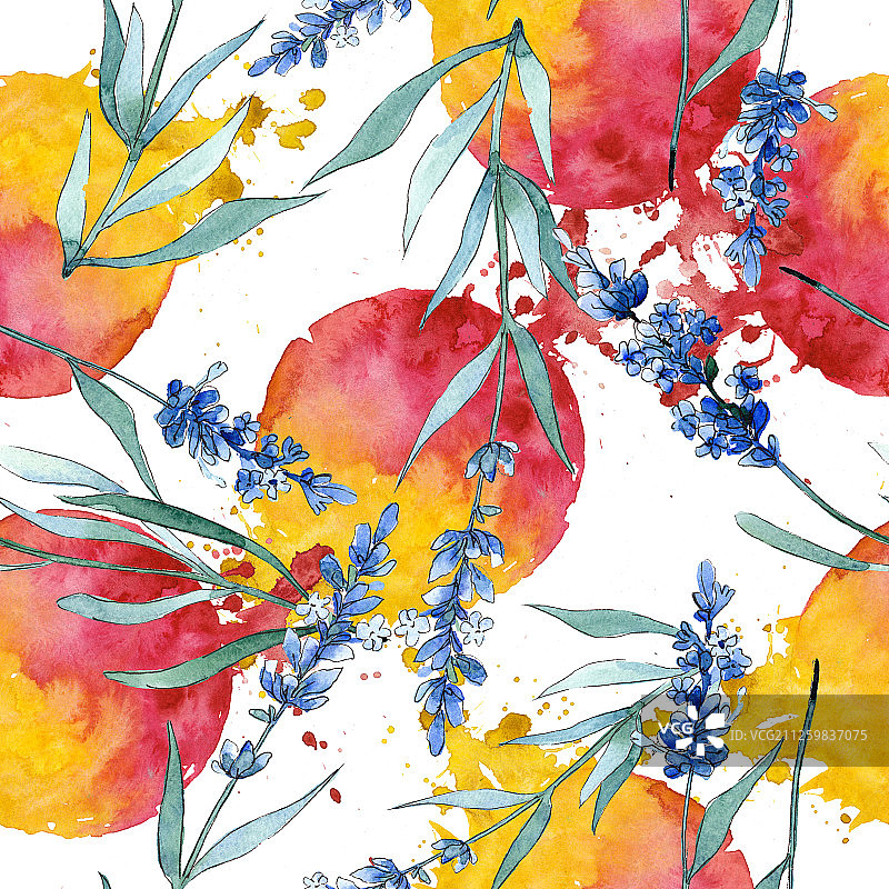 蓝色薰衣草花卉植物水彩背景插画，无缝背景图案图片素材