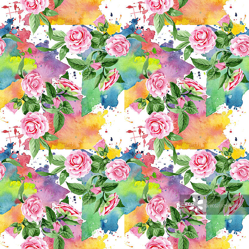粉色山茶花卉植物花卉，水彩背景插图集，无缝背景图案图片素材