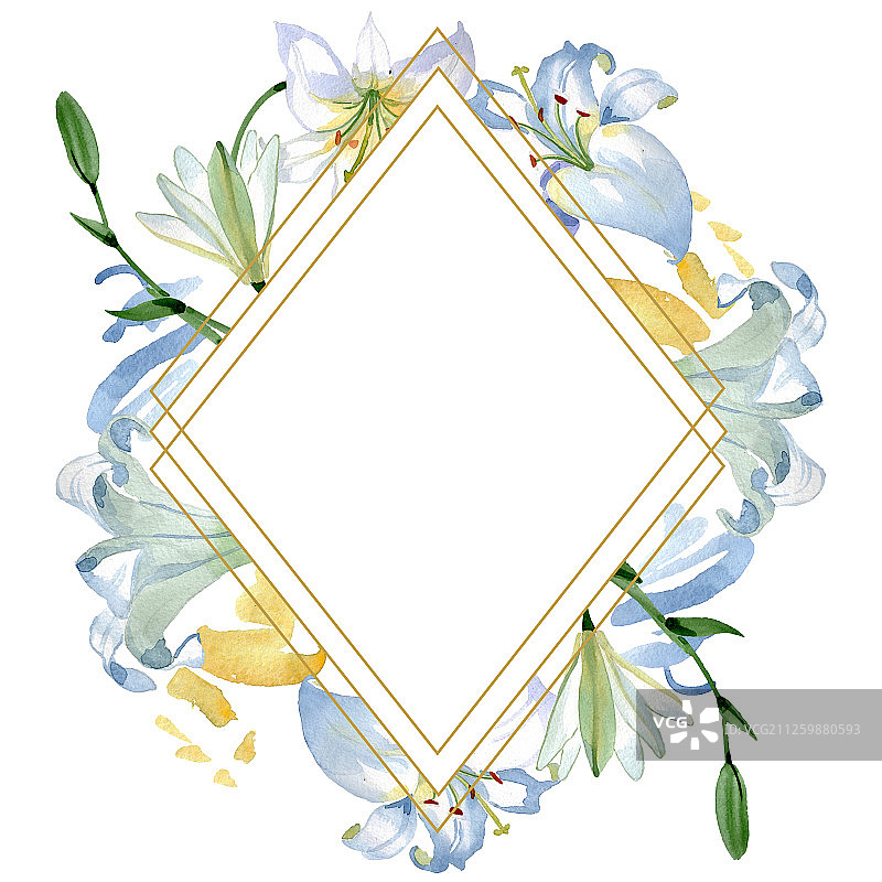 白色百合花卉植物水彩背景边框图片素材