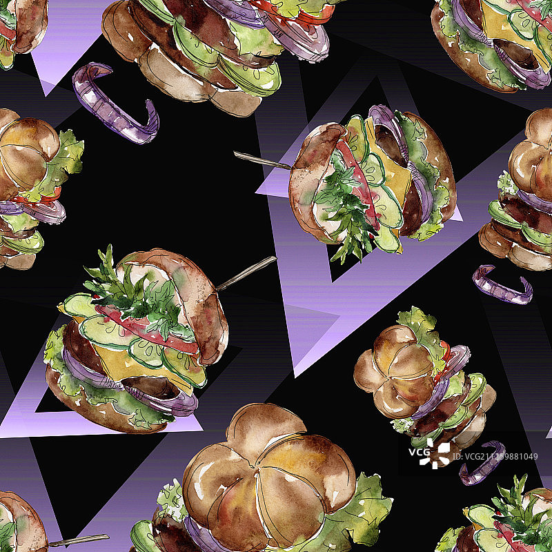 汉堡快餐水彩背景插画，无缝图案图片素材