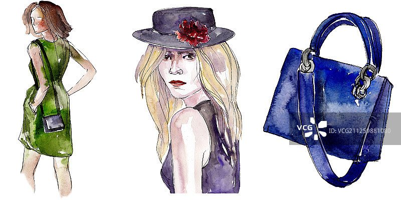 时尚素描魅力插画在水彩风格孤立元素。水彩背景设置。图片素材