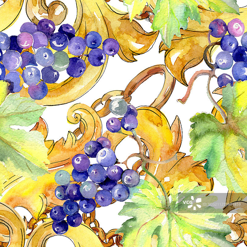 水彩风格的葡萄浆果健康食品水彩背景无缝背景图案图片素材