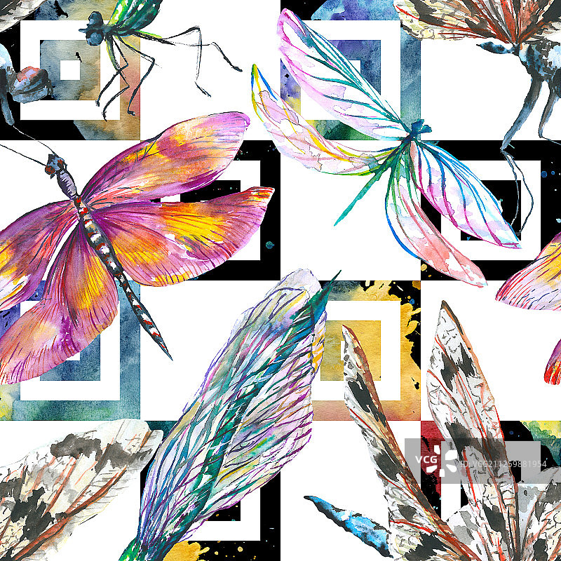 异国情调的蜻蜓野生昆虫。水彩背景插图集。无缝背景图案。图片素材