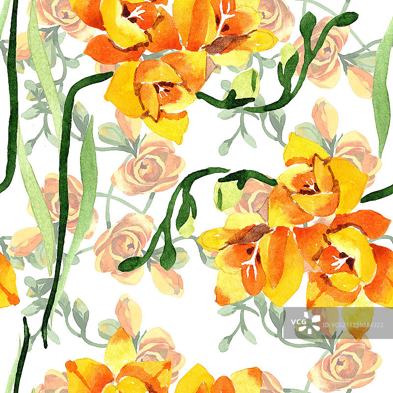 黄色小苍兰植物花卉，水彩背景插图，无缝背景图案图片素材