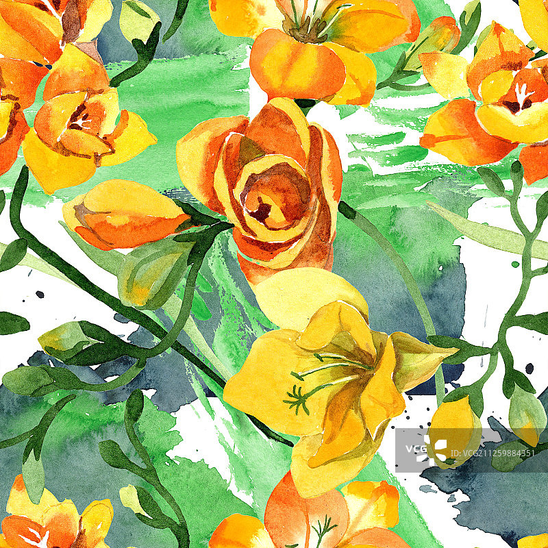黄色小苍兰植物花卉，水彩背景插图，无缝背景图案图片素材