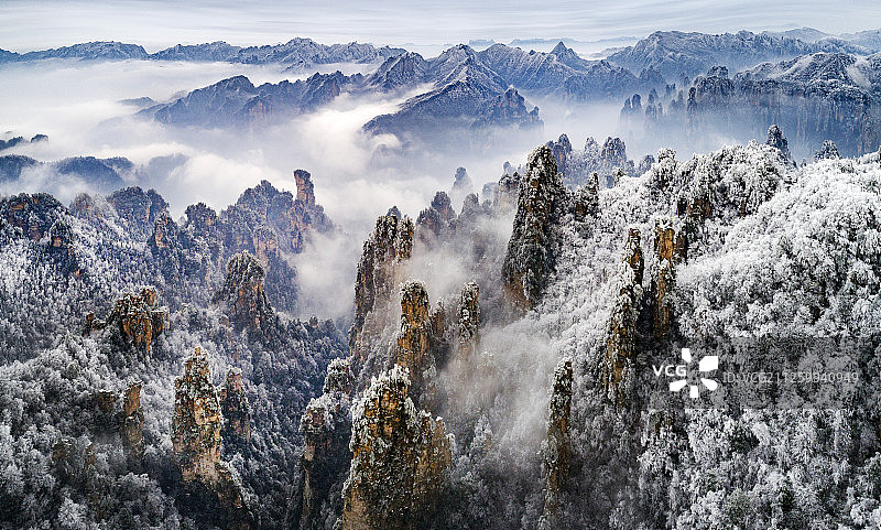 湖南省张家界市武陵源 冬天大雪后武陵源景区  山峰石柱 国画图片素材