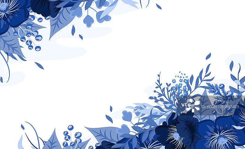 卡通花卉卡片明信片蓝白中国风扁平矢量插画图片素材