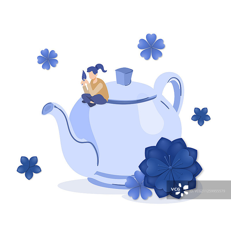 卡通青花瓷蓝白中国风茶道茶叶包装背景扁平矢量插画图片素材